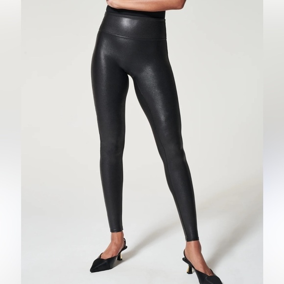 SPANX Black Faux Leather Tummy Control Leggings XL - Picture 1 of 5